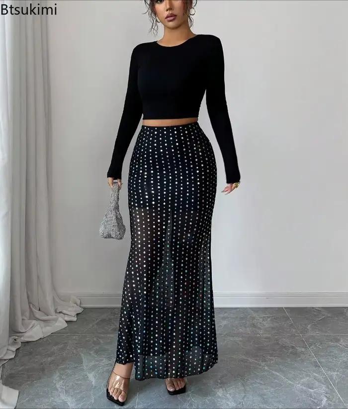 Nouvelles jupes moulantes en tulle double couche à paillettes noires pour femmes