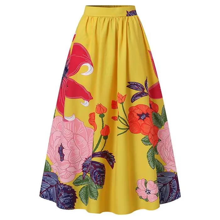 Jupe Maxi bohème imprimé fleuri pour femmes taille haute poche plage fête longue