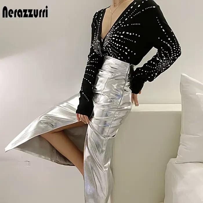 Jupe mi-longue Nerazzurri noire réfléchissante en cuir verni avec fente, taille haute, argentée, pour femme, collection 2021