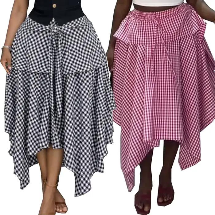 Jupe longue plissée évasée taille haute pour femme, coupe trapèze, asymétrique, décontractée d'été, à taille élastique, à carreaux