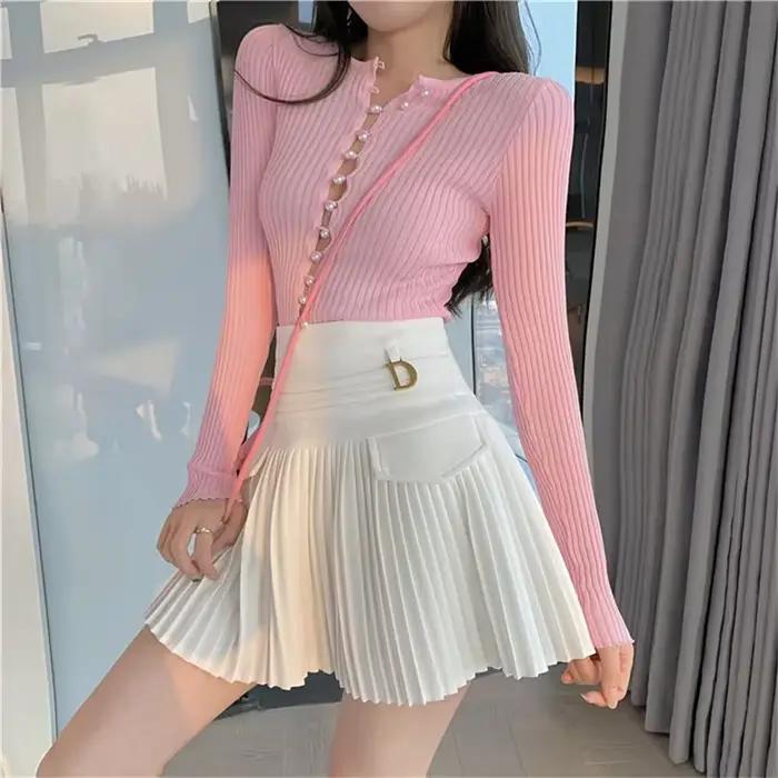 Jupe plissée blanche femmes taille haute