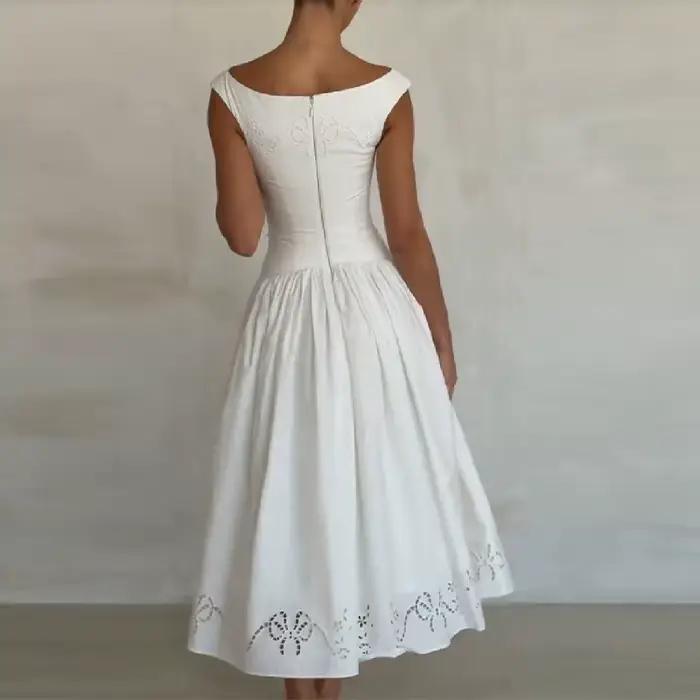 Robe midi blanche à épaules dénudées pour femme, broderie et dentelle, coupe évasée, sans manches, élégante, pour soirée d'été ou cocktail