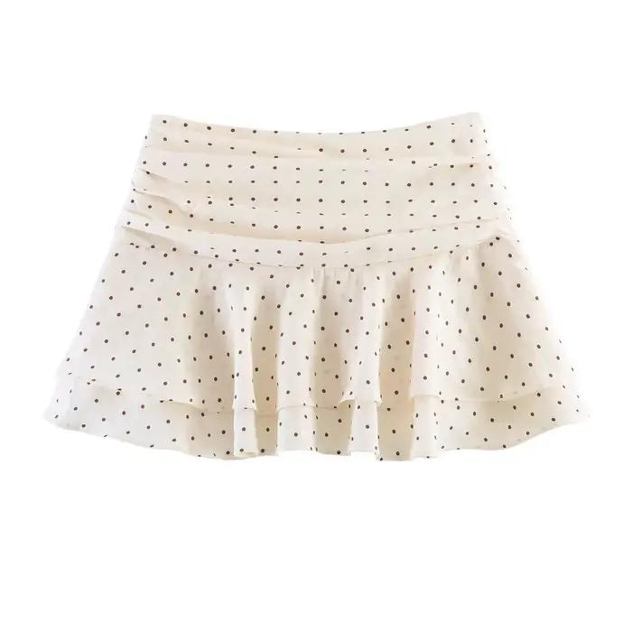 BSAY Nouvelle jupe-short beige à pois pour femme, taille haute, plissée, à volants, superposée, mini-jupe décontractée d'été pour la plage avec doublure