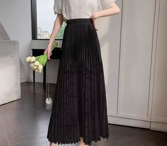 Jupe mi-longue plissée en dentelle patchwork pour femmes, nouveau style d'été, couvrant le croisement, taille haute, grande jupe longue évasée