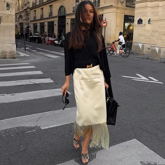 Jupes longues en satin beige à franges Linad Street Chic pour femme 2026