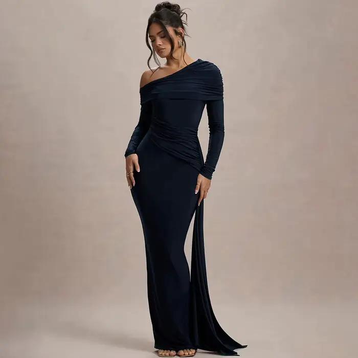 Robe pour femme de style européen et américain, à col asymétrique, manches longues, élégante, sexy, moulante, plissée, taille haute, streetwear.