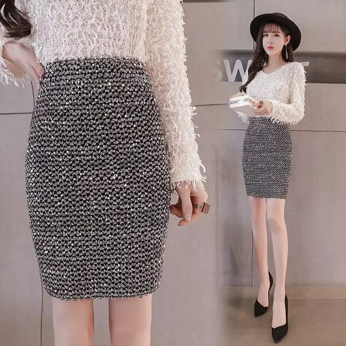 Jupes mi-longues à sequins pour femmes, jupe ronde, taille haute, vêtements élastiques, mode coréenne, chic et élégante, hanche serrée, sexy