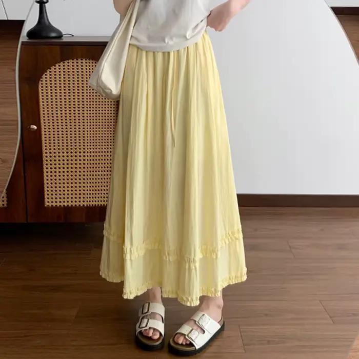 Jupe longue décontractée pour femme, couleur unie, à volants, taille élastique, coupe trapèze, jaune clair, pour printemps, été et vacances à la plage