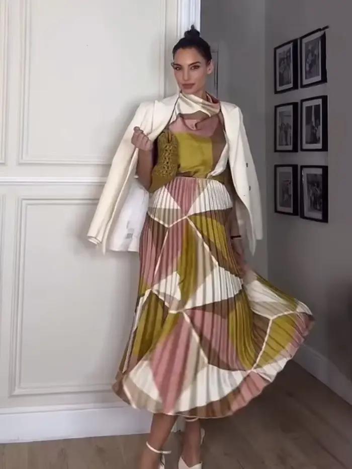HH femmes mode jupe sans manches motif géométrique costume dos nu col suspendu haut + a-ligne plissée imprimé