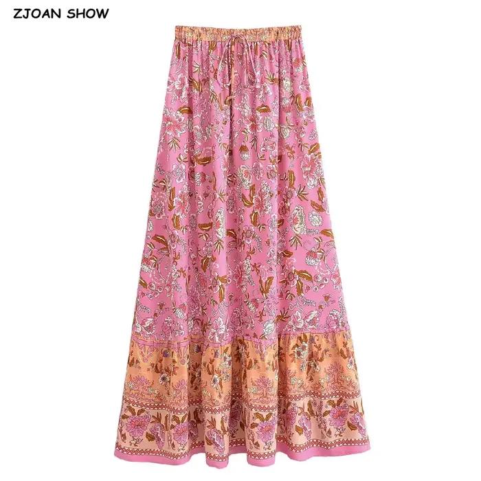 2025 BOHO rose contraste imprimé fleuri Maxi jupe longue épissé à volants ourlet Hippie femmes boule gland nœud taille balançoire jupes vacances