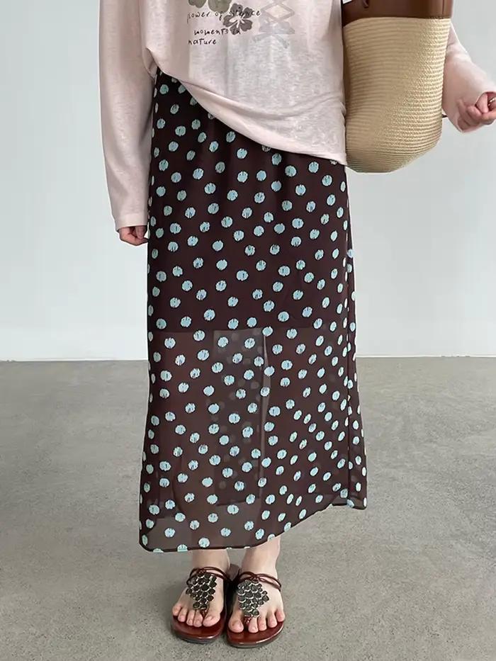 [EAM] Jupe mi-longue trapèze en mousseline à pois verts, taille haute élastique, fente arrière, pour femme, nouvelle collection Printemps-Été 2026, 1DJ8180