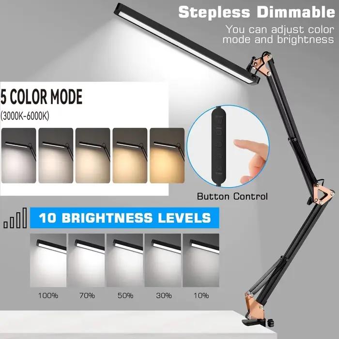 Lampe de bureau LED à bras long, pince pliable, lumière de soin des yeux réglable avec 3 modes de couleur, variable pour lire, les études et les travaux de bureau