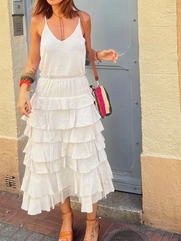 Jupe mi-longue à plusieurs niveaux pour femmes vert armée vintage décontractée élégante longue chic streetwear mode taille élastique kobiecy