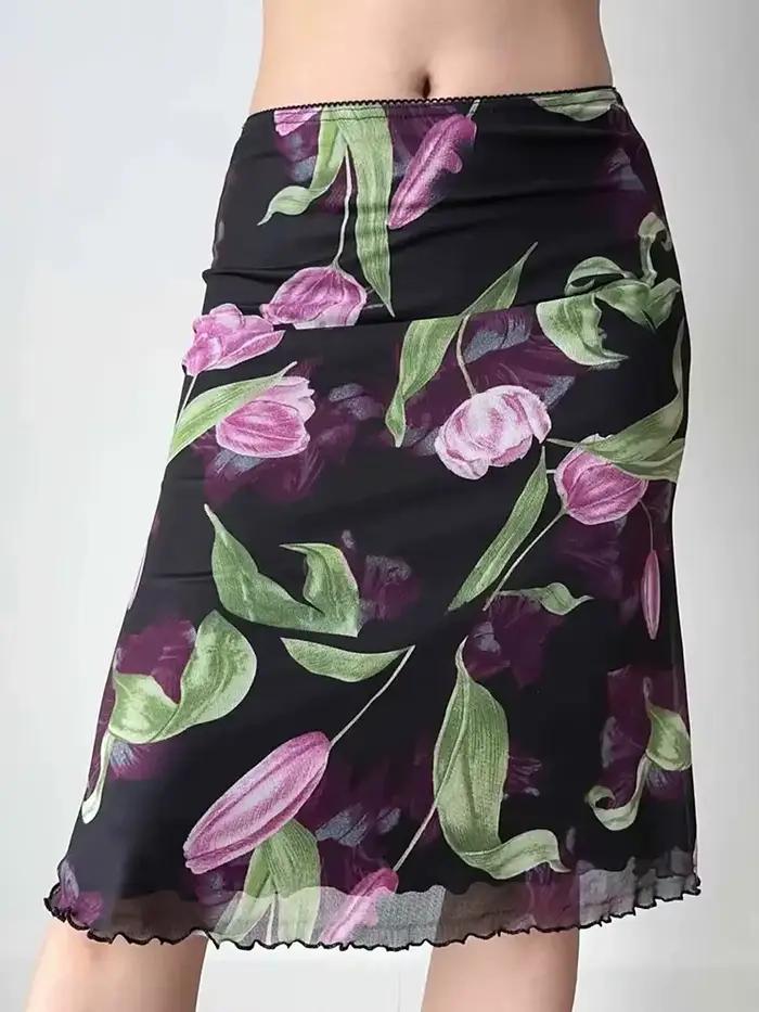 Jupe Vintage Florale en Maille pour Femme