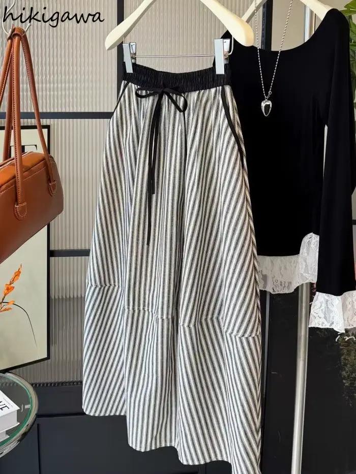 Vintage rayé jupes pour femmes élastique taille haute coupe ajustée Jupe 2025 Faldas Mujer De Moda ample été Saia