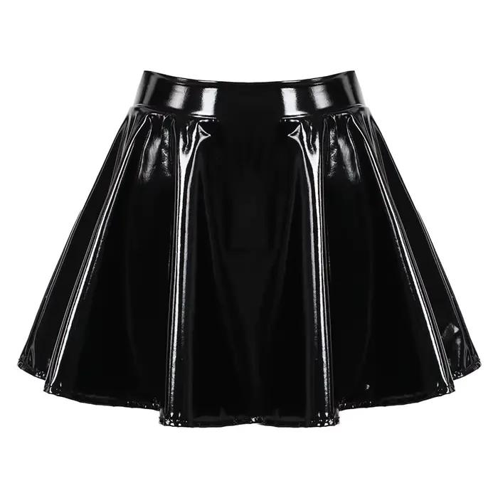Jupe trapèze pour femme en cuir verni brillant