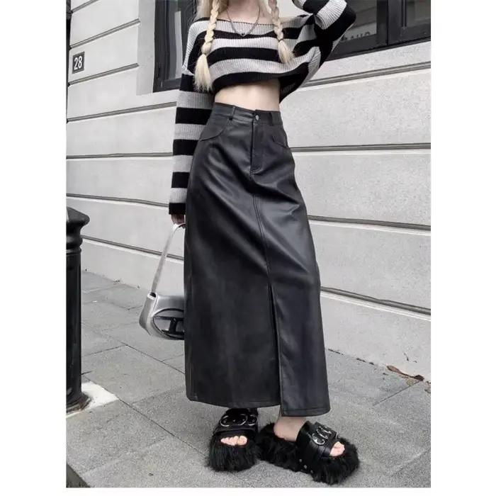 Jupe mi-longue en cuir pour femmes