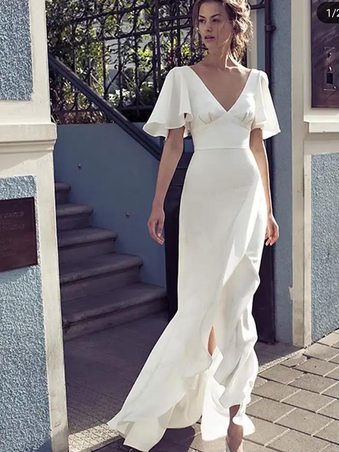 Robe De Mariée Satin Simple Décolleté En V Manches Courtes Dos Nu Sirène Fente Devant Longueur Sol Minimaliste Robes De Mariage Élégantes Romantiques Pour Les Mariées Blanches Féminines Luxe Traîne Vo