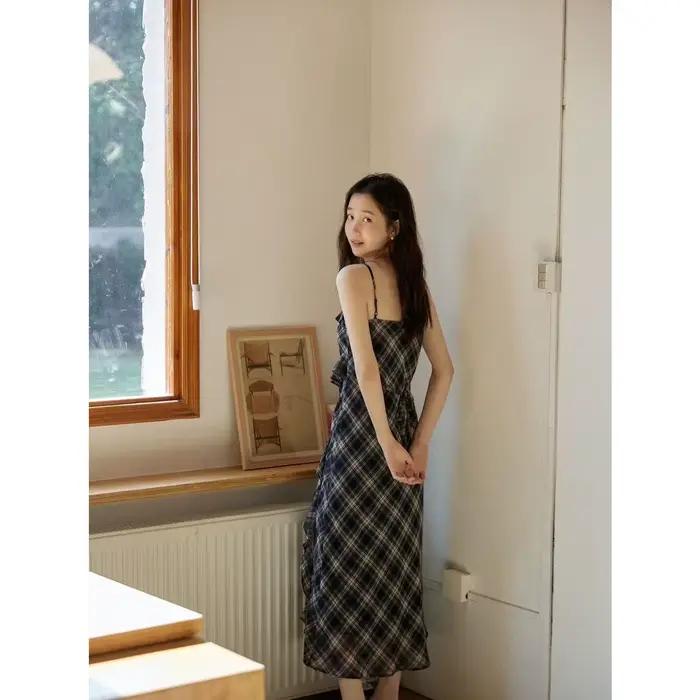 Ensemble robe longue d'été pour femme, robe licou à imprimé vichy, jupe trapèze en tissu tricoté à motif irrégulier, style frais et doux