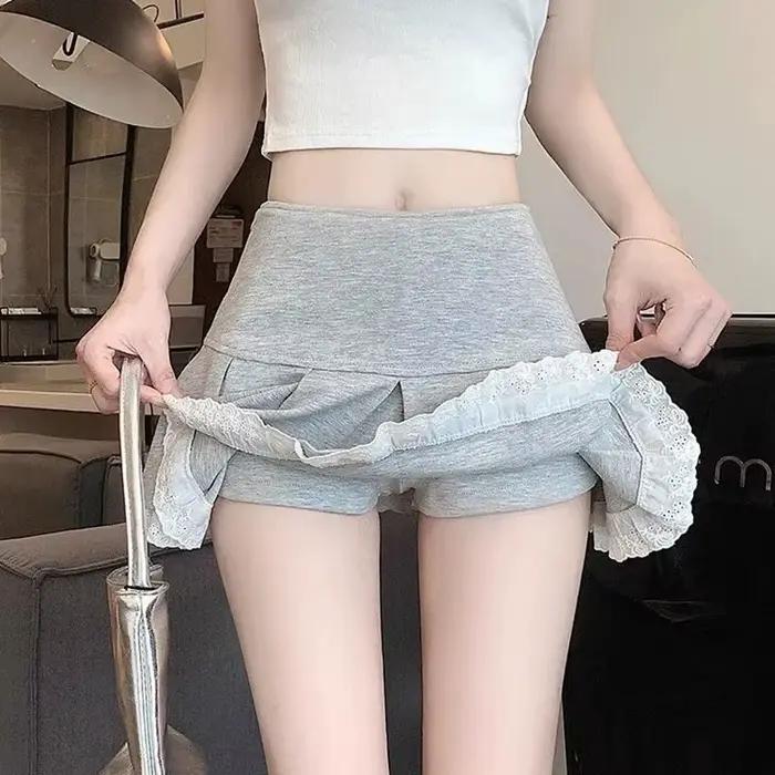 High-Waisted Skirts for Women Korean Fashion Lace Spliced Pleated Skirt Ladies Summer All-Match Anti-Glare Mini