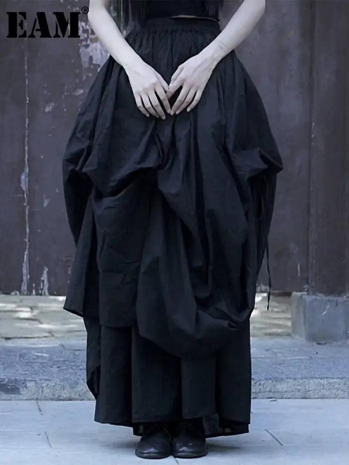 EAM noir taille haute élastique cordon irrégulière cheville longueur jupe ample femmes mode marée nouveau printemps automne 2026 31A1017
