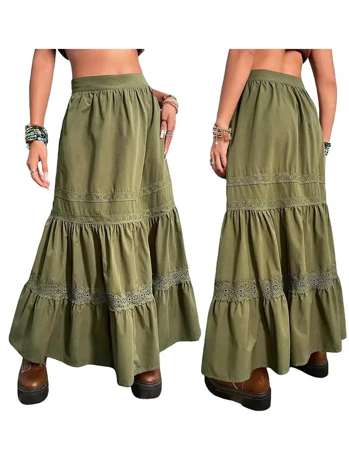 Jupe longue en dentelle vintage pour femme, vert militaire, noir, été