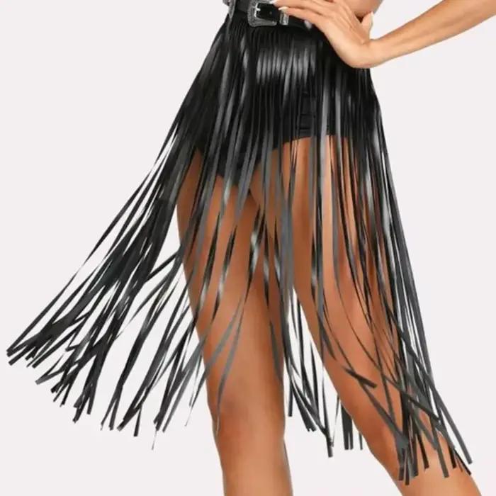 Jupe longue à franges en similicuir, taille haute, style punk rock, avec ceinture ajustable, style bohème, pour costume ou tenue de club