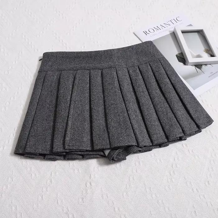 Jupe plissée en laine pour femme junior style préppy automne hiver minijupe taille basse fente latérale gris clair gris foncé noir