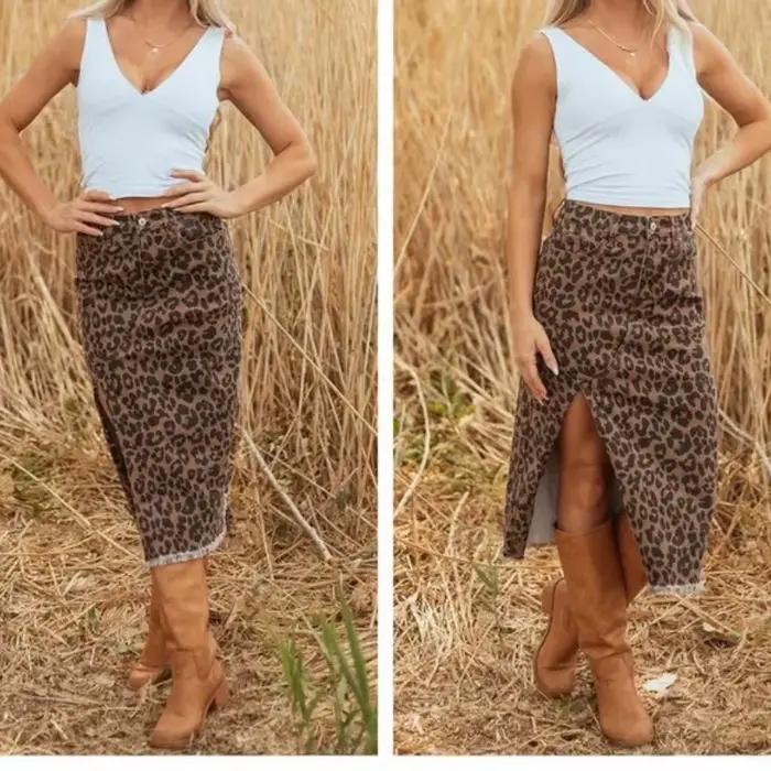 Jupe imprimée léopard décontractée pour femmes, automne-hiver 2021, taille haute moyenne, longue et fine, silhouette asymétrique, poche pratique, polyester, fente subtile, longueur aux genoux, artisanat tat