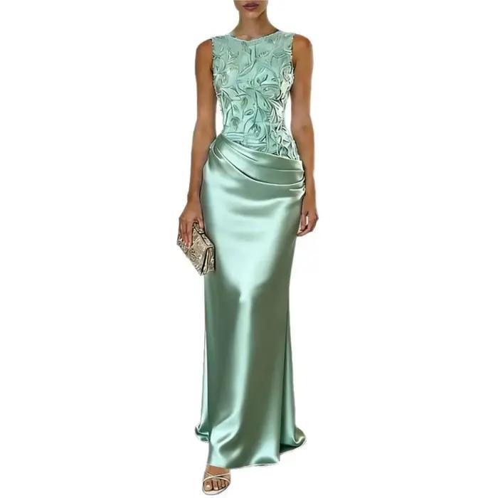 Robes de soirée roses élégantes pour femmes, col rond, sans manches, longueur au sol, avec appliques, pour occasions spéciales, robes de bal, Vestido