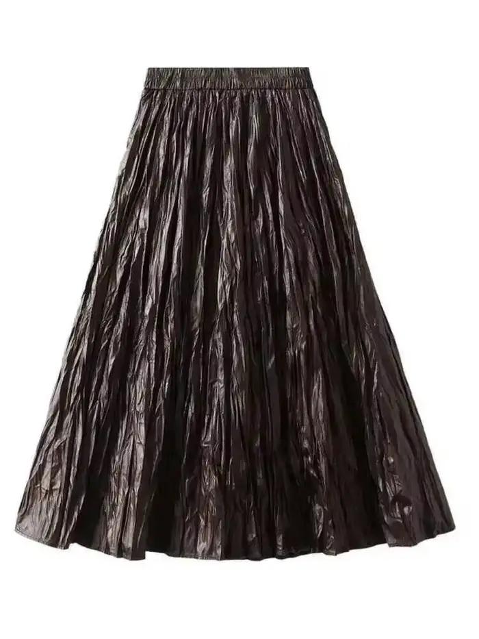 Jupe longue plissée en cuir PU pour femme