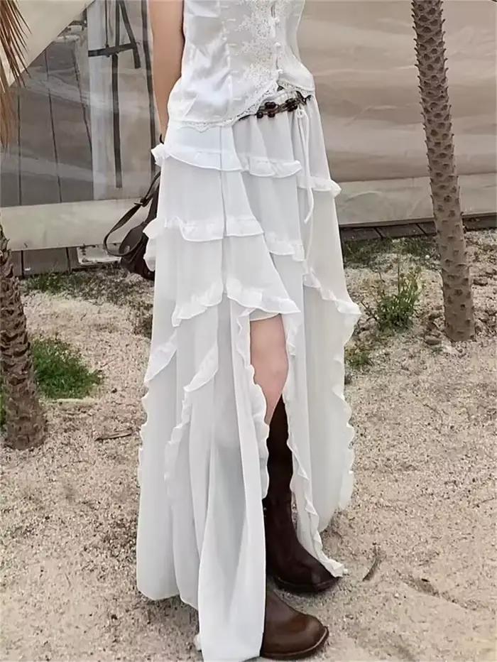 2025 Korean New Irregular High Waist Skirts Vintage Lady White Skirt French Style Fashion Ruffles Sweet