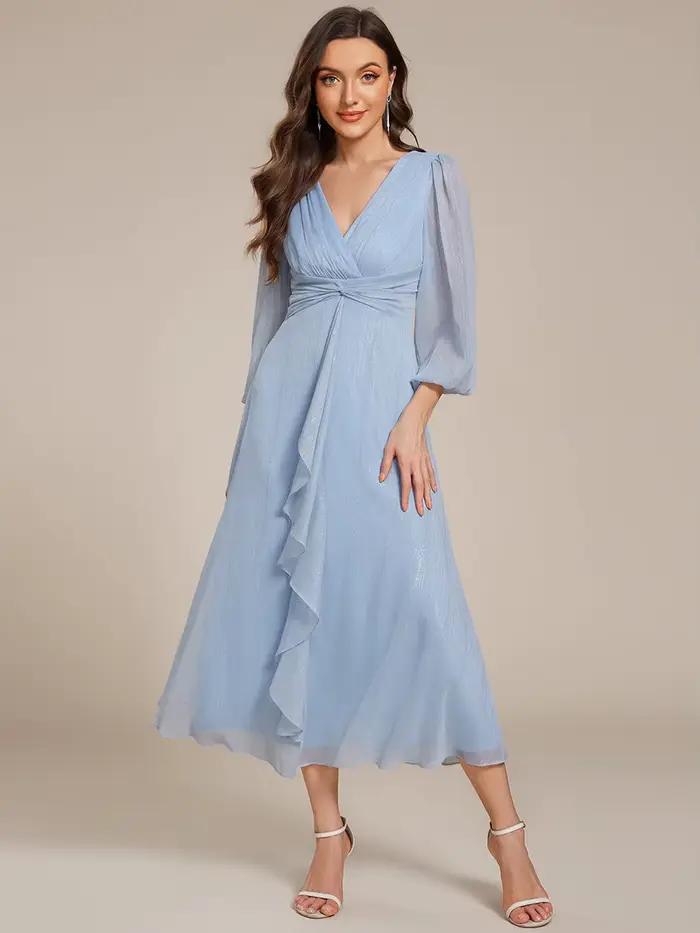 Robes de soirée élégantes, col en V profond, manches longues, longueur genou, Ever Pretty, en mousseline de soie brillante, bleu ciel, robes pour invitées de mariage