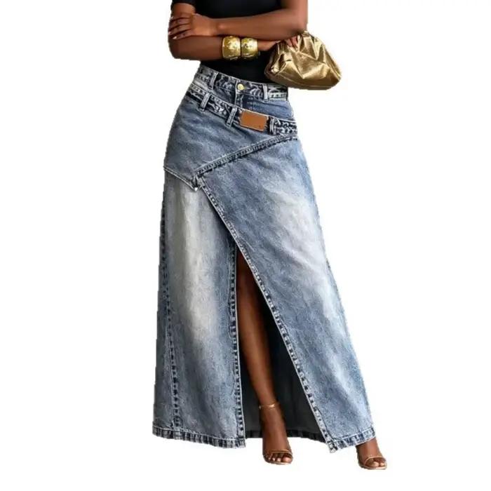 Jupe longue en jean délavé taille haute asymétrique avec fente avant irrégulière pour femme