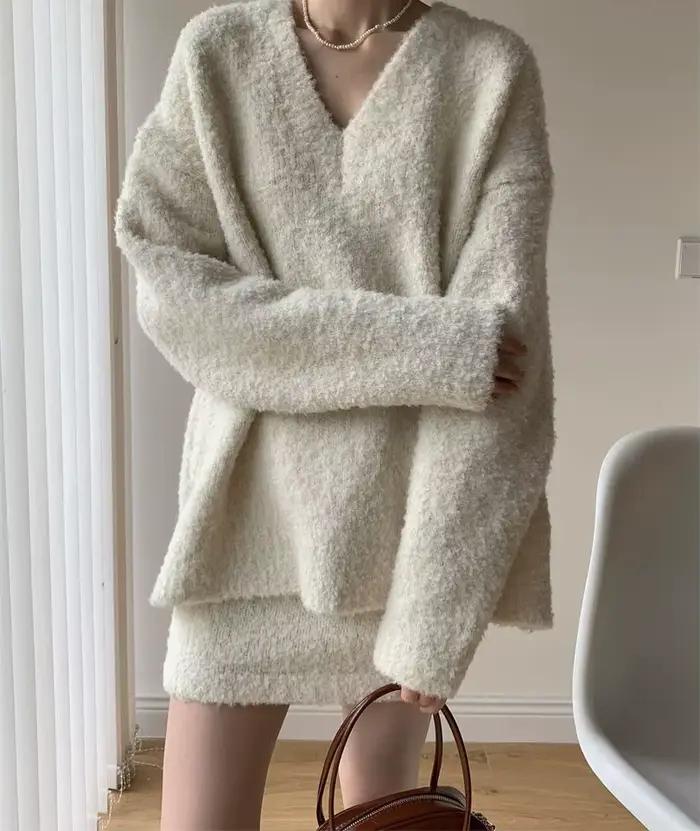 2025 hiver tricoté ensemble col en v poilu épais chaud pull jupe courte nouvel ensemble