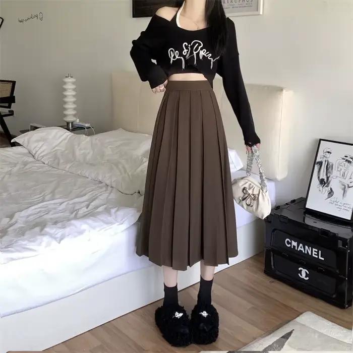 Jupe longue plissée noire de style coréen pour femmes