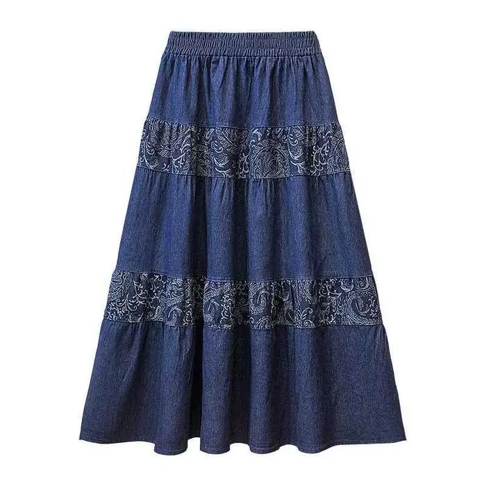 Jupe mi-longue en jean style ethnique rétro taille élastique grande