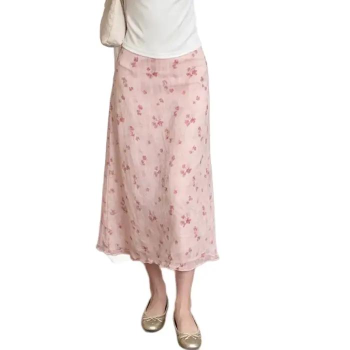 Jupe mi-longue évasée à imprimé floral, taille haute, amincissante, pour femme, nouveau style d'été, mi-longue, rose et bleue, en mélange de polyester