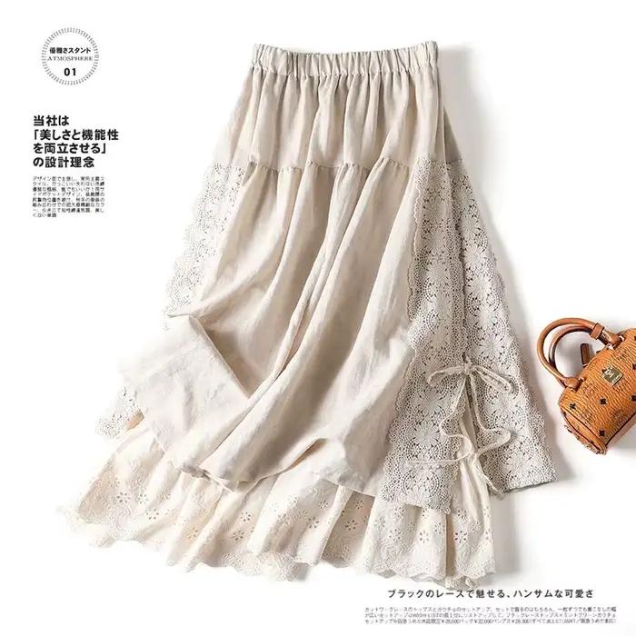 Vintage Chic broderie lin coton jupes longues femmes été élastique taille haute plissée Maxi jupe femme élégante a-ligne