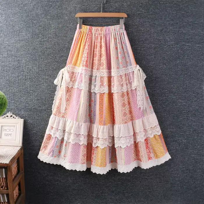 Doux Mori fille Vintage imprimé fleuri dentelle Patchwork à volants jupes femmes été taille élastique décontracté ample