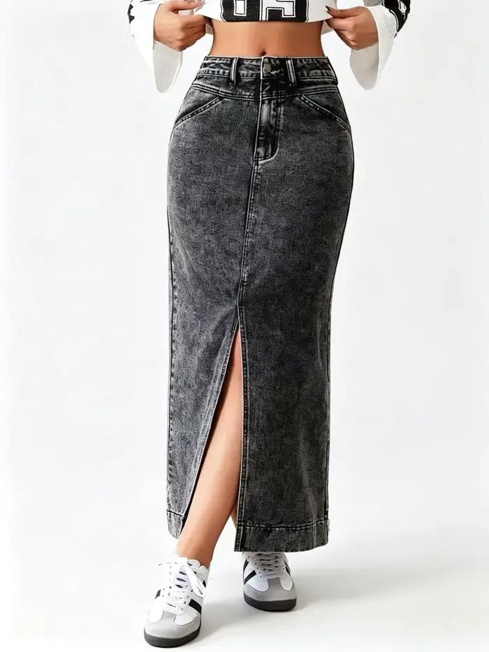 Jupe en jean gris taille haute fendue sur le devant pour femme
