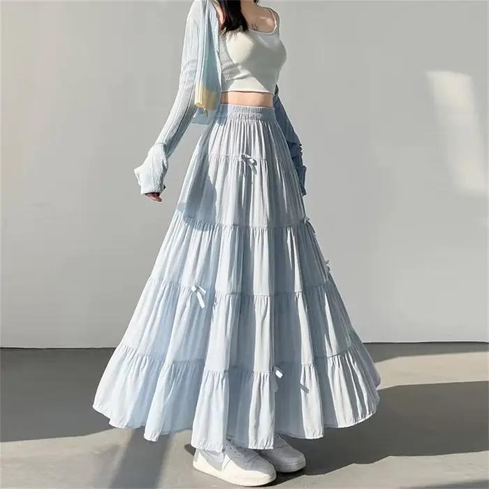 Jupe longue plissée bleue à nœud pour femme