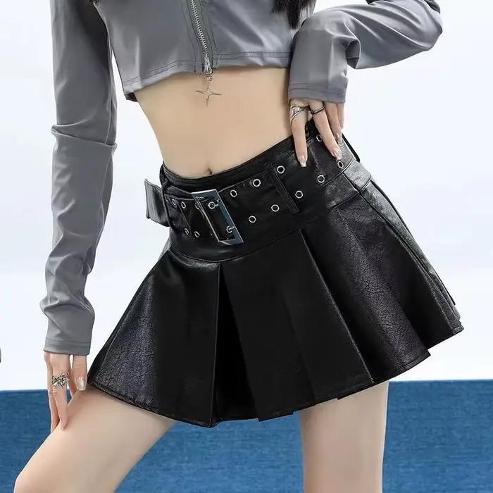 Deeptown-Mini jupe plissée en cuir pour femme, jupes rétro pour femme, streetwear gothique, ligne A, noir, punk, grunge, vintage, Y2k