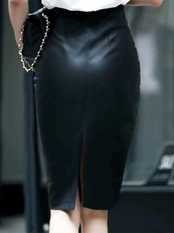 Jupe mi-longue en cuir PU pour femmes