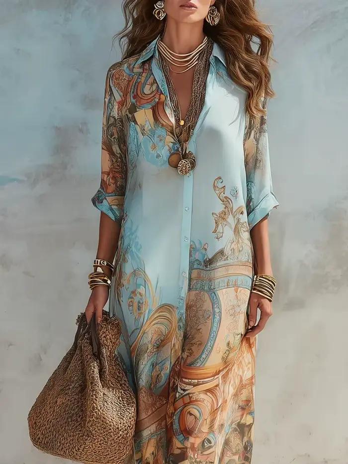 Robe chemise élégante pour femme en mousseline de soie à imprimé numérique, col rabattu, simple boutonnage, fluide, décontractée, style bohème, vêtement d'été