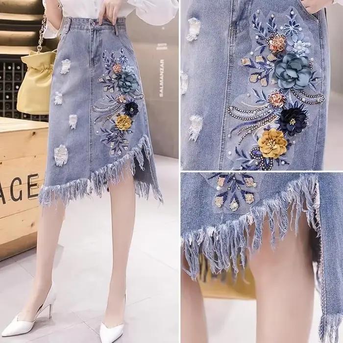 Jupe en jean mi-longue taille haute potelée pour femme