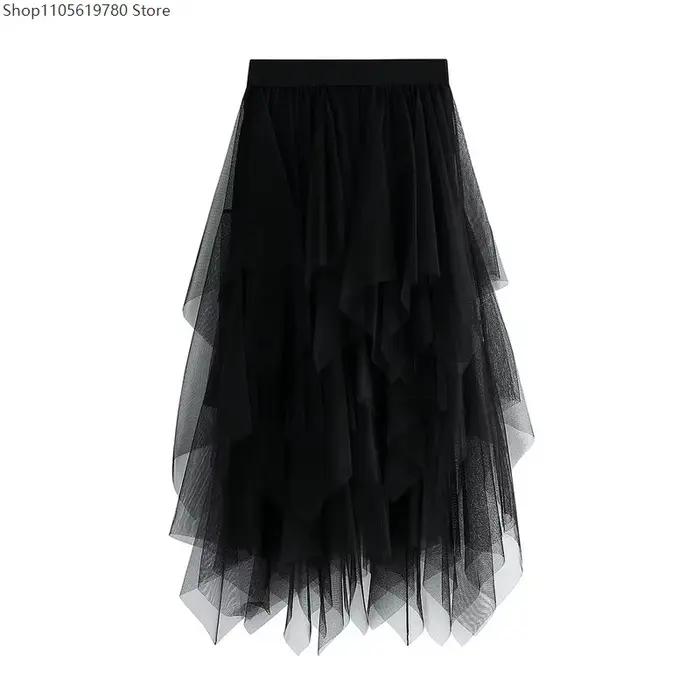 Jupe vintage grunge taille haute élastique irrégulière multicouche en tulle uni effet bulles pour femme, idéale pour le quotidien et les tenues de cosplay