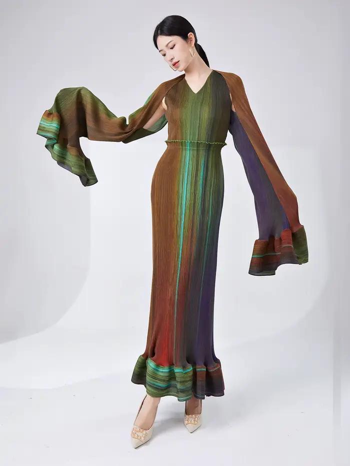 Robe longue plissée à effet dégradé, robe deux pièces élégante et amincissante, robe de soirée haut de gamme