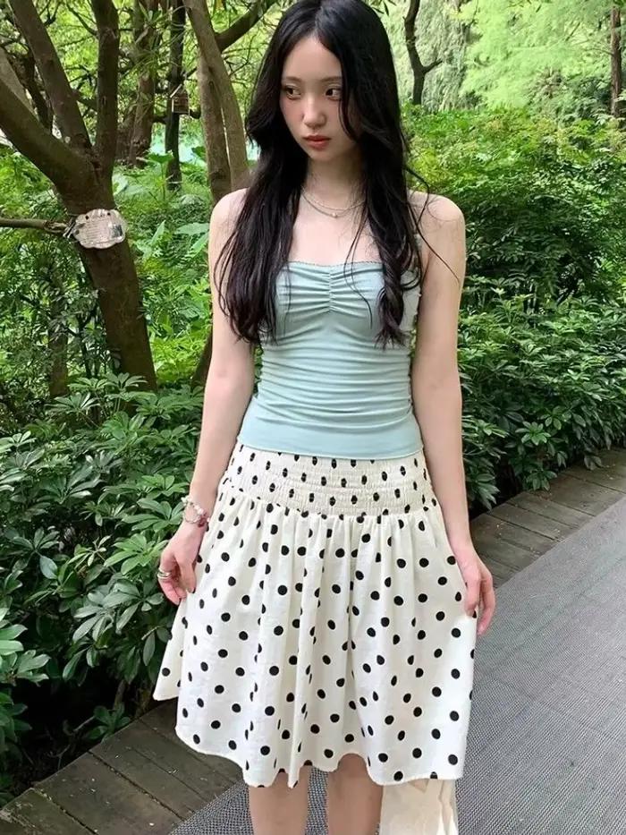 Deeptown Jupes à pois style coréen pour femmes, élégantes et douces, jupes à volants Y2K, vintage, estivales, coupe trapèze mi-longues, esthétique
