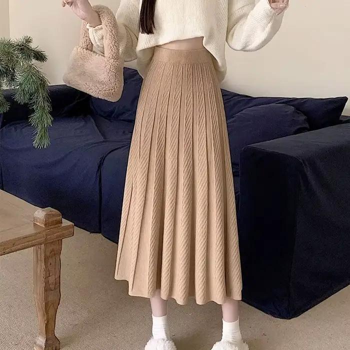 Demi-jupe tricotée à cent plis pour femme en automne et en hiver, longueur moyenne à longue, fine et élégante